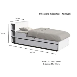 Weber Industries Lit RIGA 90x190 + tête de lit + 1 tiroir / Blanc