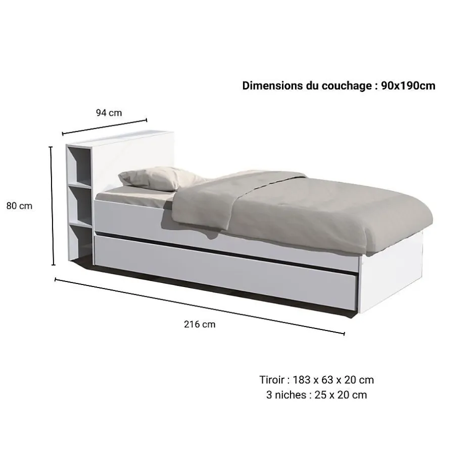 Weber Industries Lit RIGA 90x190 + tête de lit + 1 tiroir / Blanc