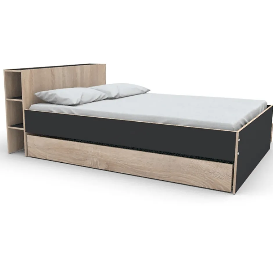 Weber Industries Lit RIGA 140x190cm + tête de lit + 2 tiroirs / Décor Noir et Chêne blanchi
