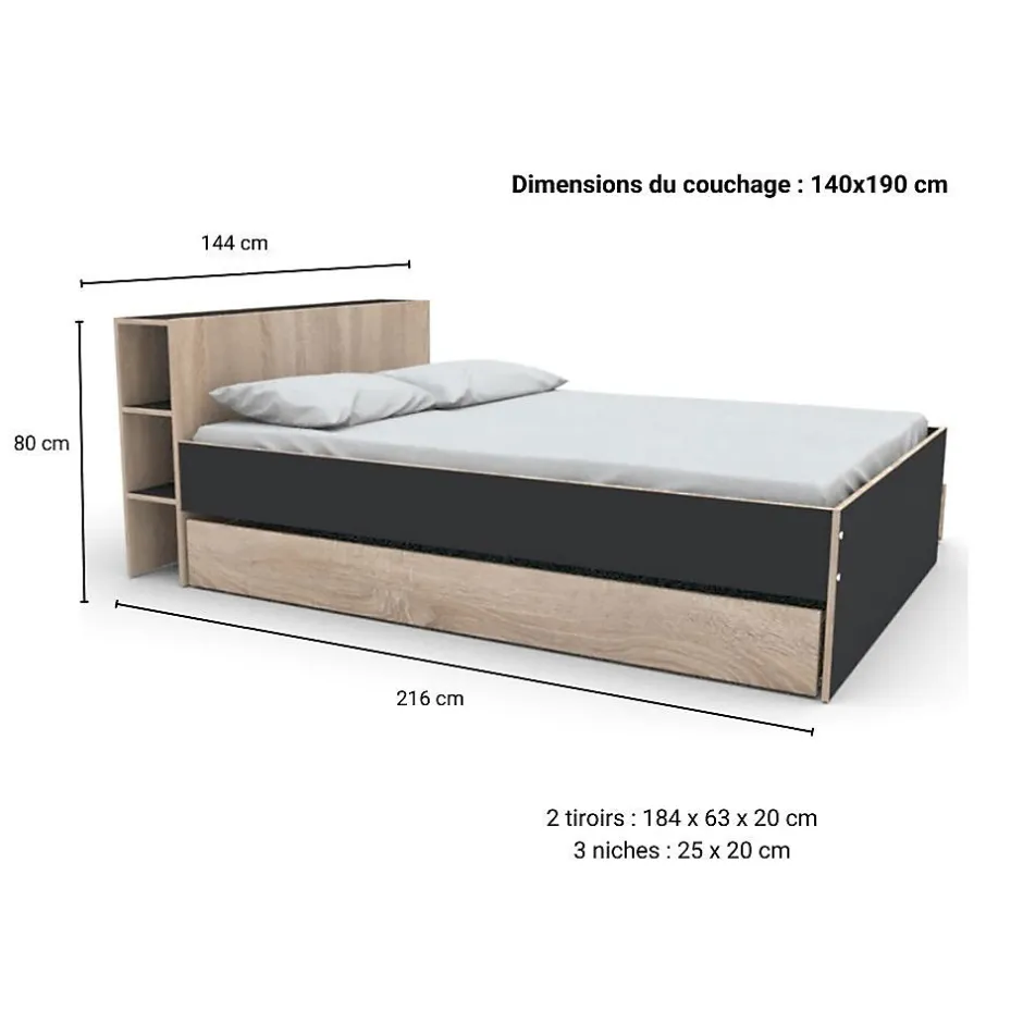 Weber Industries Lit RIGA 140x190cm + tête de lit + 2 tiroirs / Décor Noir et Chêne blanchi