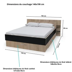 Weber Industries Lit SAMBA 140x190cm + tête de lit + 2 tiroirs / Décor Noir & chêne blanchi New