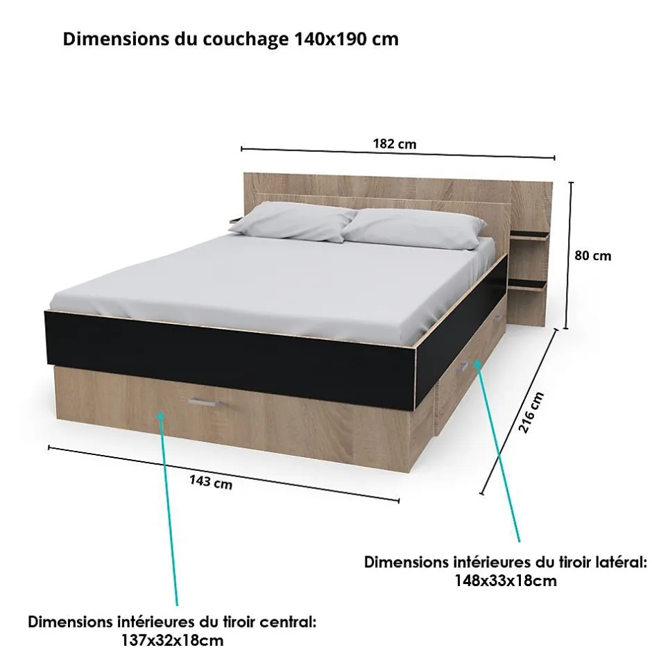 Weber Industries Lit SAMBA 140x190cm + tête de lit + 2 tiroirs / Décor Noir & chêne blanchi New