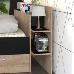 Weber Industries Lit SAMBA 140x190cm + tête de lit + 2 tiroirs / Décor Noir & chêne blanchi New
