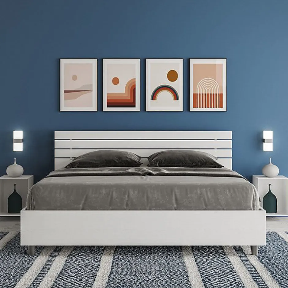 Ityhome Lit sans sommier Tête de lit inclinée 160x200 à lattes Ankel en frêne blanc