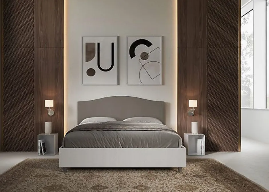 Ityhome Lit sans sommier 160x200 structure frêne blanc avec tête de lit mélamine/simili cuir cappuccino Grace