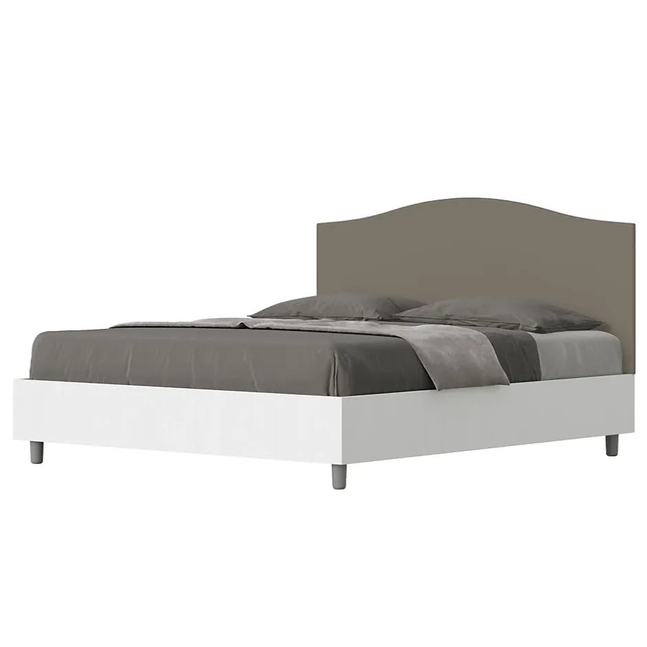 Ityhome Lit sans sommier 160x200 structure frêne blanc avec tête de lit mélamine/simili cuir cappuccino Grace