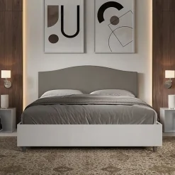 Ityhome Lit sans sommier 160x200 structure frêne blanc avec tête de lit mélamine/simili cuir cappuccino Grace