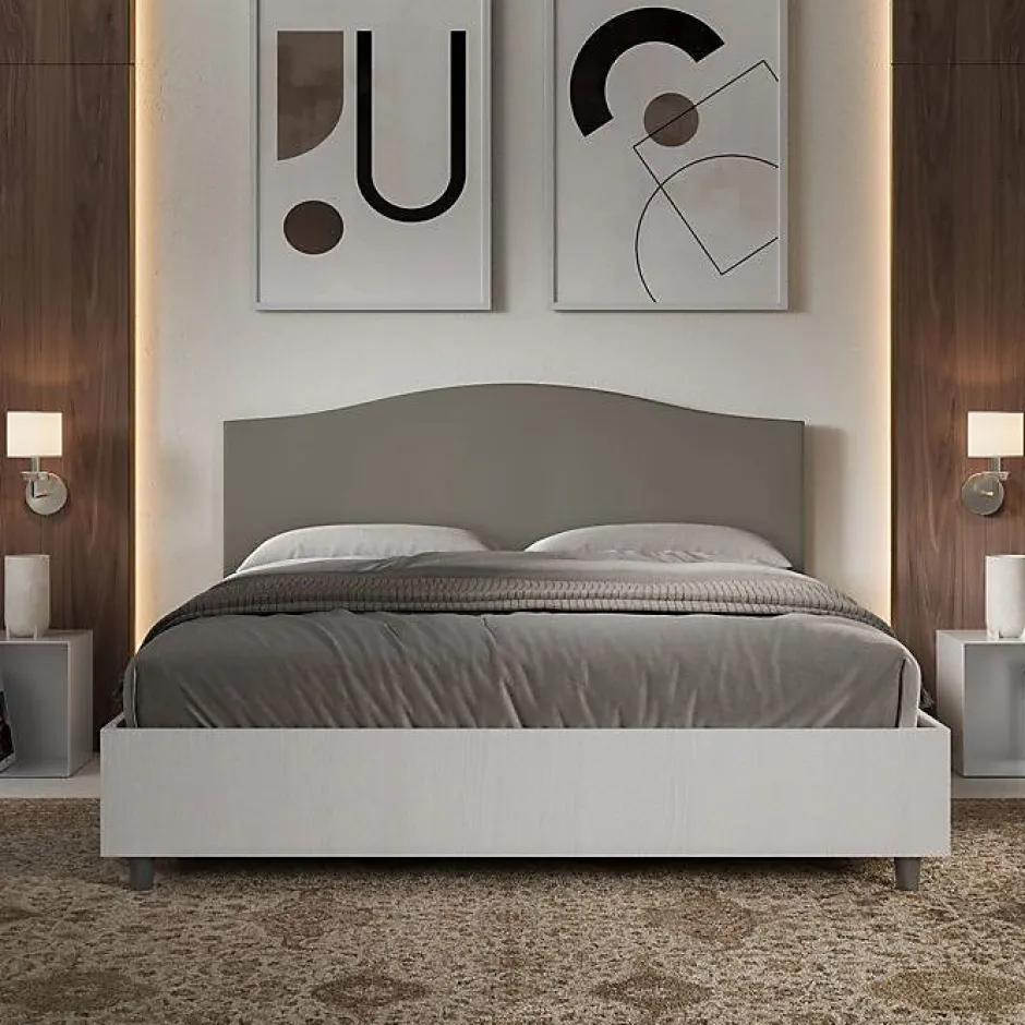 Ityhome Lit sans sommier 160x200 structure frêne blanc avec tête de lit mélamine/simili cuir cappuccino Grace