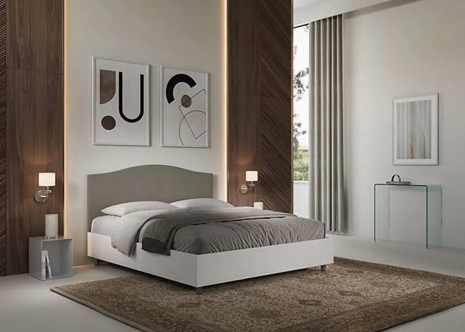Ityhome Lit sans sommier 160x200 structure frêne blanc avec tête de lit mélamine/simili cuir cappuccino Grace