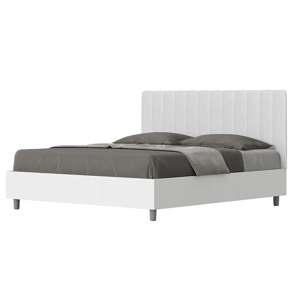 Ityhome Lit sans sommier 160x200 structure frêne blanc tête de lit mélamine blanc/simili cuir Kaia