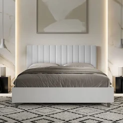 Ityhome Lit sans sommier 160x200 structure frêne blanc tête de lit mélamine blanc/simili cuir Kaia