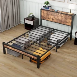 Okwish Lit Simple - Lit Métal 120x200 cm avec Tête de Lit et Rangement pour Ado - MDF et Métal - Marron - sans Matelas Online
