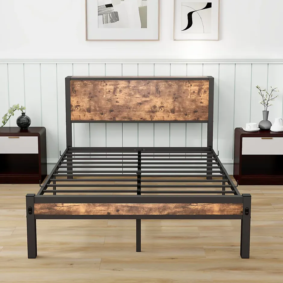 Okwish Lit Simple - Lit Métal 120x200 cm avec Tête de Lit et Rangement pour Ado - MDF et Métal - Marron - sans Matelas Online
