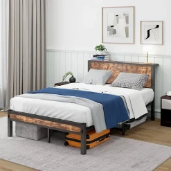Okwish Lit Simple - Lit Métal 120x200 cm avec Tête de Lit et Rangement pour Ado - MDF et Métal - Marron - sans Matelas Online