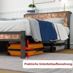 Okwish Lit Simple - Lit Métal 120x200 cm avec Tête de Lit et Rangement pour Ado - MDF et Métal - Marron - sans Matelas Online