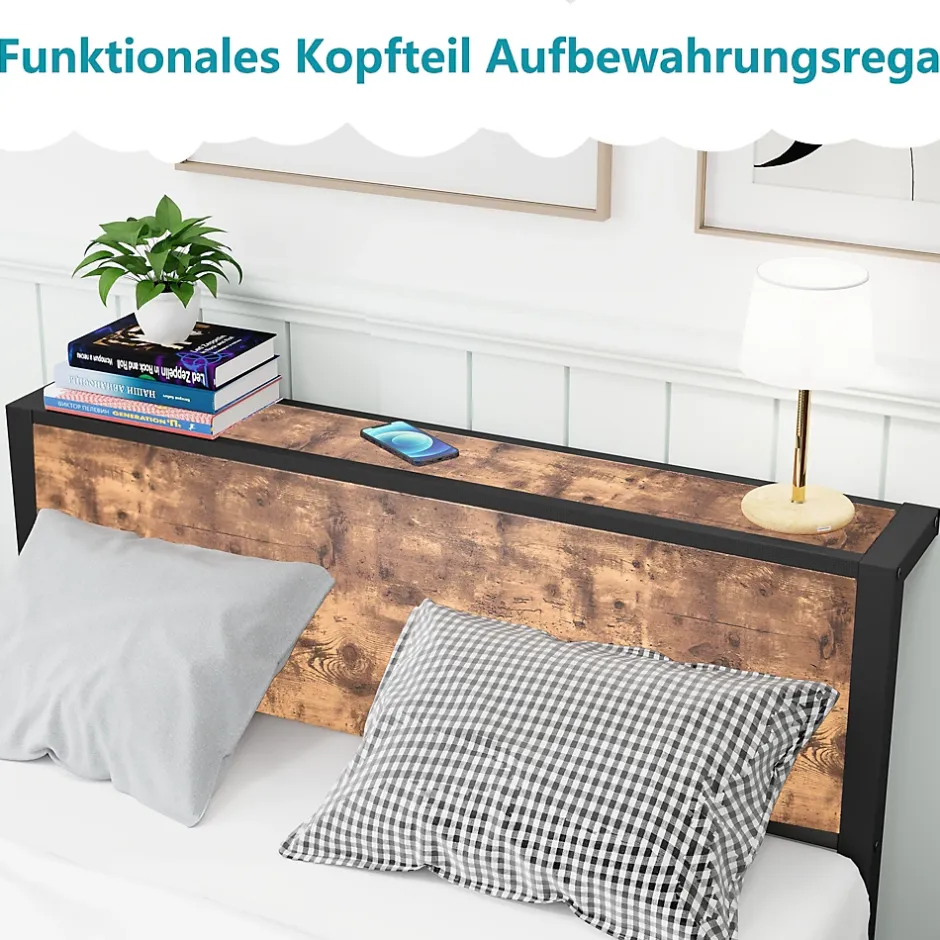 Okwish Lit Simple - Lit Métal 120x200 cm avec Tête de Lit et Rangement pour Ado - MDF et Métal - Marron - sans Matelas Online