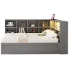 Redom Lit simple 90 par 200 cm en bois massif avec prises multiples rangements et barre lumineuse systeme hydraulique gris