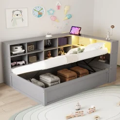 Redom Lit simple 90 par 200 cm en bois massif avec prises multiples rangements et barre lumineuse systeme hydraulique gris