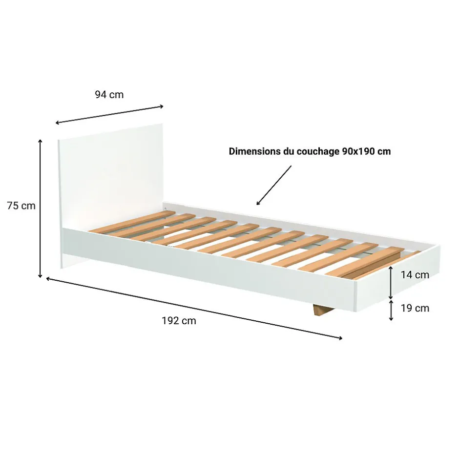 Bb Loisir Lit simple 1 place 90x190cm Blanc avec sommier LIFA