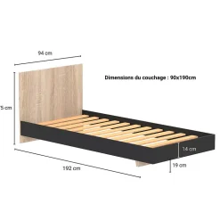 Bb Loisir Lit simple 1 place 90x190cm Noir et Artisan avec sommier LIFA