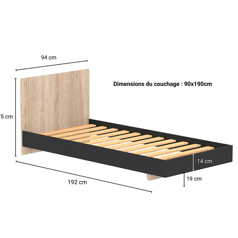 Bb Loisir Lit simple 1 place 90x190cm Noir et Artisan avec sommier LIFA