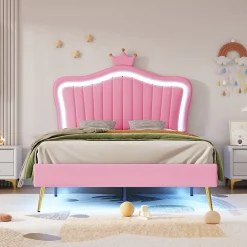 Redom Lit simple 90 sur 200 cm cadre en PU cuir rose style couronne avec LED sommier et tête de lit matelas non inclus