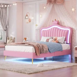 Redom Lit simple 90 sur 200 cm cadre en PU cuir rose style couronne avec LED sommier et tête de lit matelas non inclus