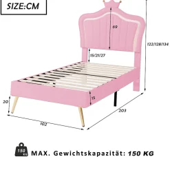 Redom Lit simple 90 sur 200 cm cadre en PU cuir rose style couronne avec LED sommier et tête de lit matelas non inclus