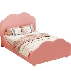 Redom Lit simple 90 sur 200 cm cadre avec barrières tête et pied en forme de nuage en velours doux rose Sale