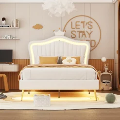 Redom Lit simple 90 sur 200 cm cadre en PU cuir blanc style couronne avec LED sommier et tête de lit matelas non inclus