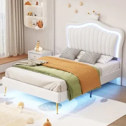 Redom Lit simple 90 sur 200 cm cadre en PU cuir blanc style couronne avec LED sommier et tête de lit matelas non inclus