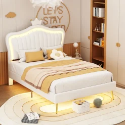 Redom Lit simple 90 sur 200 cm cadre en PU cuir blanc style couronne avec LED sommier et tête de lit matelas non inclus