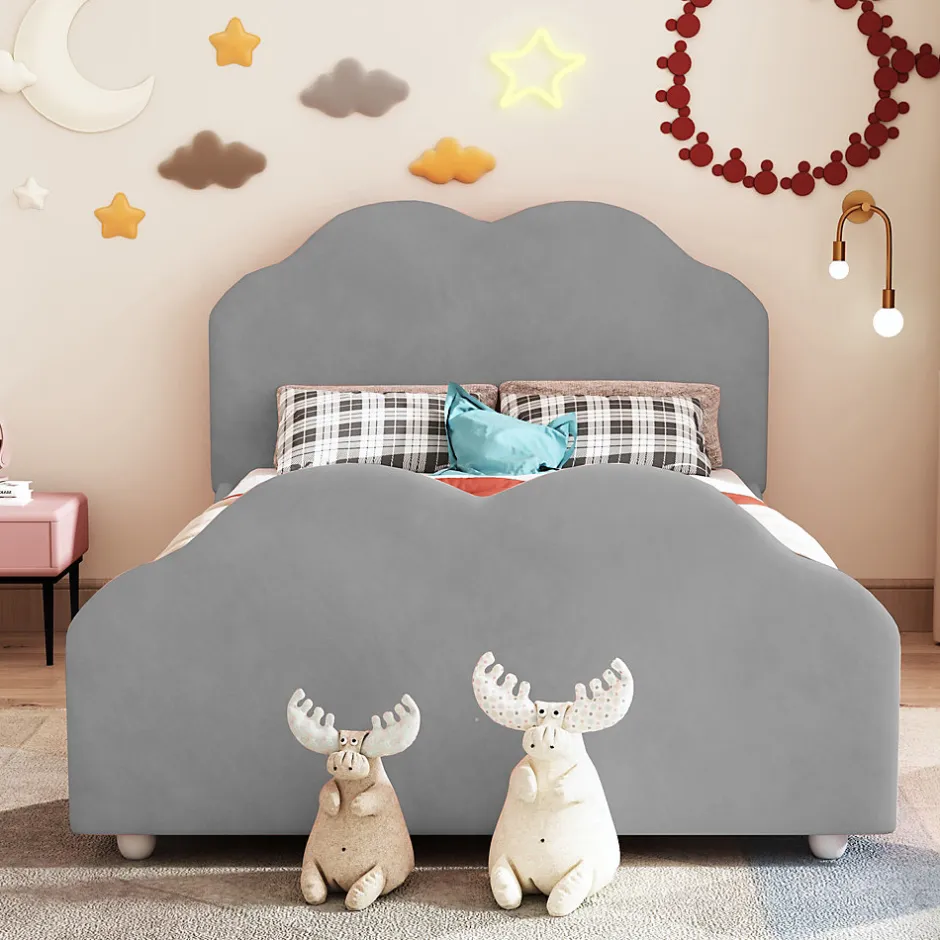 Redom Lit simple 90 sur 200 cm cadre avec barrières tête et pied en forme de nuage en velours doux gris