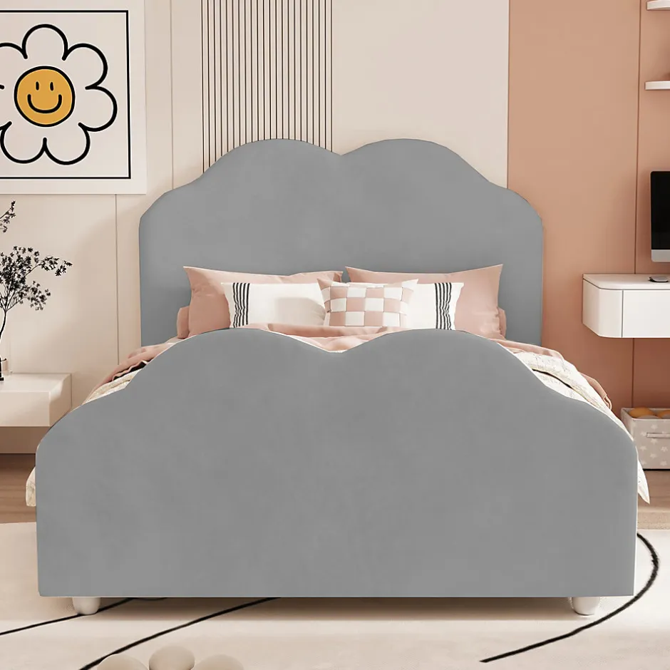 Redom Lit simple 90 sur 200 cm cadre avec barrières tête et pied en forme de nuage en velours doux gris