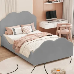 Redom Lit simple 90 sur 200 cm cadre avec barrières tête et pied en forme de nuage en velours doux gris