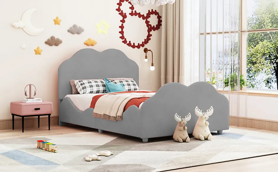 Redom Lit simple 90 sur 200 cm cadre avec barrières tête et pied en forme de nuage en velours doux gris