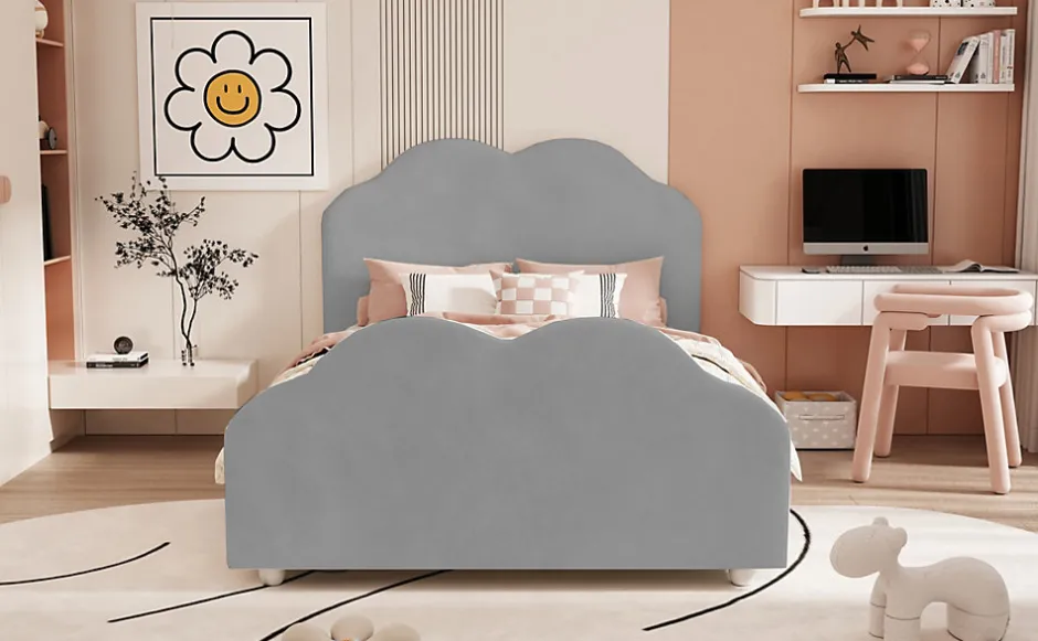 Redom Lit simple 90 sur 200 cm cadre avec barrières tête et pied en forme de nuage en velours doux gris