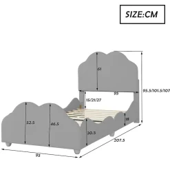 Redom Lit simple 90 sur 200 cm cadre avec barrières tête et pied en forme de nuage en velours doux gris
