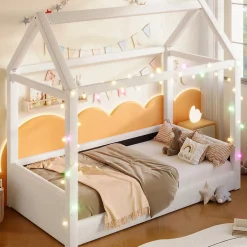 Okwish Lit Simple 90 x 200 cm - Canapé-Lit avec Éclairage LED Intégré, Gain de Place pour Chambre, Bois Massif, Sans Matelas, Beige Clearance