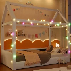 Okwish Lit Simple 90 x 200 cm - Canapé-Lit avec Éclairage LED Intégré, Gain de Place pour Chambre, Bois Massif, Sans Matelas, Beige Clearance