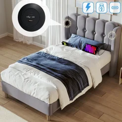 Okwish Lit Simple 90 x 200 Cm - Lit Adult avec Chargement USB Type-C - Lin, MDF, Métal - Sans Matelas - Gris