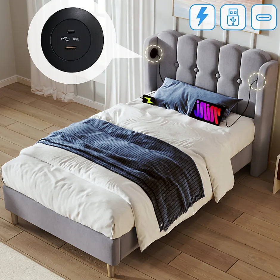 Okwish Lit Simple 90 x 200 Cm - Lit Adult avec Chargement USB Type-C - Lin, MDF, Métal - Sans Matelas - Gris
