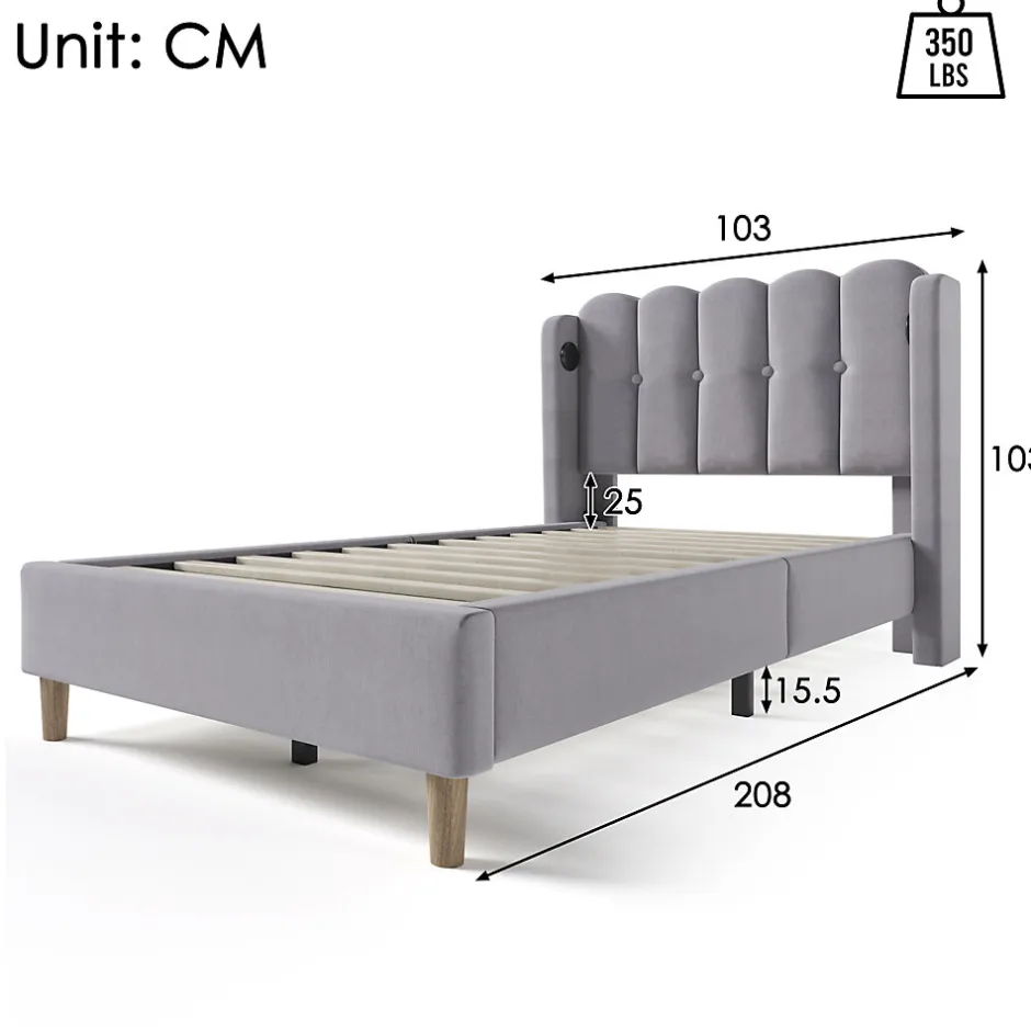 Okwish Lit Simple 90 x 200 Cm - Lit Adult avec Chargement USB Type-C - Lin, MDF, Métal - Sans Matelas - Gris