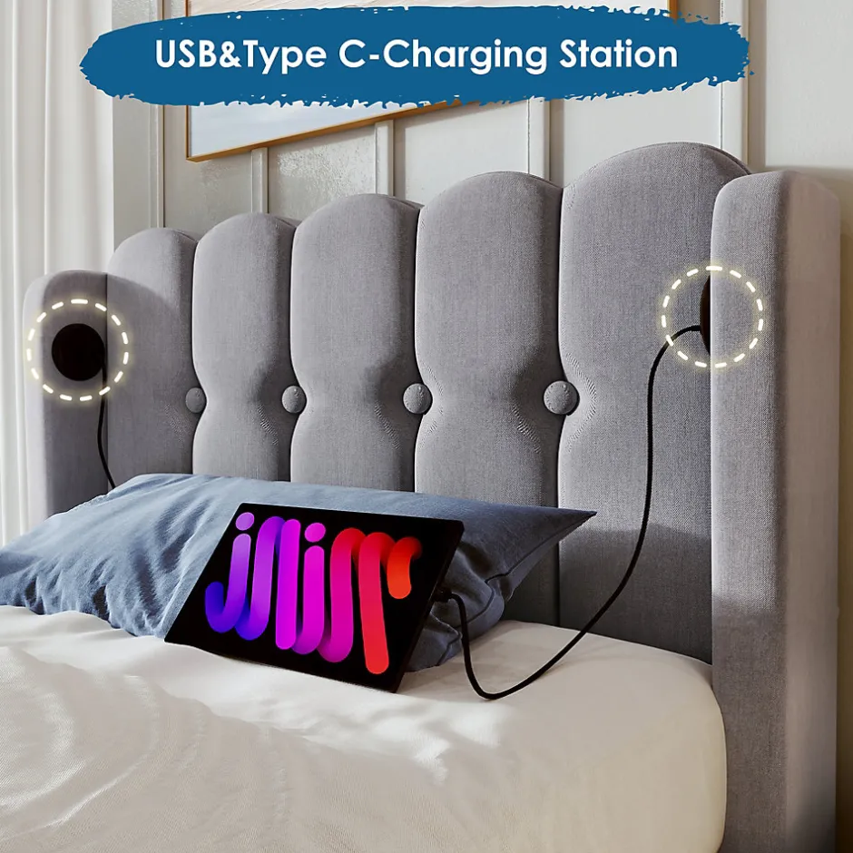 Okwish Lit Simple 90 x 200 Cm - Lit Adult avec Chargement USB Type-C - Lin, MDF, Métal - Sans Matelas - Gris