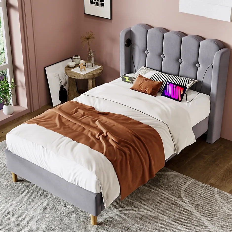 Okwish Lit Simple 90 x 200 Cm - Lit Adult avec Chargement USB Type-C - Lin, MDF, Métal - Sans Matelas - Gris
