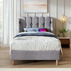 Okwish Lit Simple 90 x 200 Cm - Lit Adult avec Chargement USB Type-C - Lin, MDF, Métal - Sans Matelas - Gris