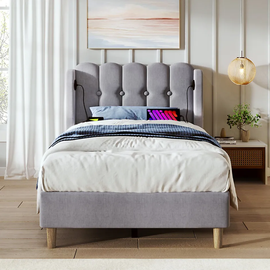 Okwish Lit Simple 90 x 200 Cm - Lit Adult avec Chargement USB Type-C - Lin, MDF, Métal - Sans Matelas - Gris