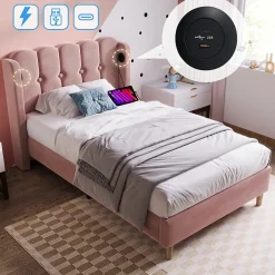 Okwish Lit Simple 90 x 200 Cm - Lit Adult avec Chargement USB Type-C - Velours, MDF, Métal - Sans Matelas - Rose