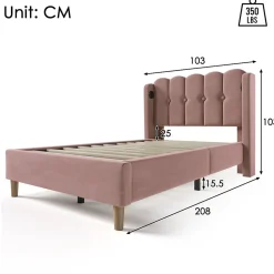 Okwish Lit Simple 90 x 200 Cm - Lit Adult avec Chargement USB Type-C - Velours, MDF, Métal - Sans Matelas - Rose