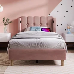 Okwish Lit Simple 90 x 200 Cm - Lit Adult avec Chargement USB Type-C - Velours, MDF, Métal - Sans Matelas - Rose